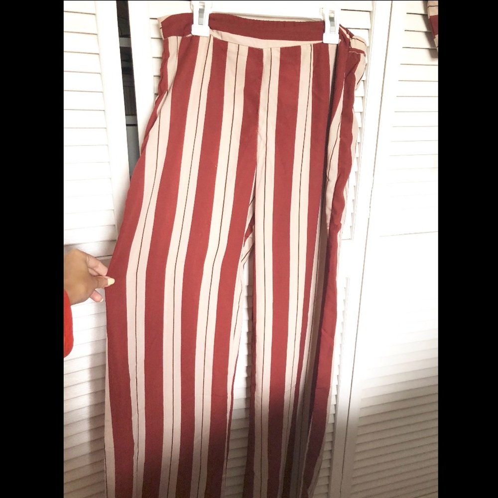 NEW BURNT ORANGE & BEIGE STRIPED CROP TOP W/ PANTS - Picture 3 of 3